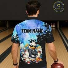 Load image into Gallery viewer, Person wearing a bowling shirt with cartoon duck design and 'TEAM NAME' text in a bowling alley.