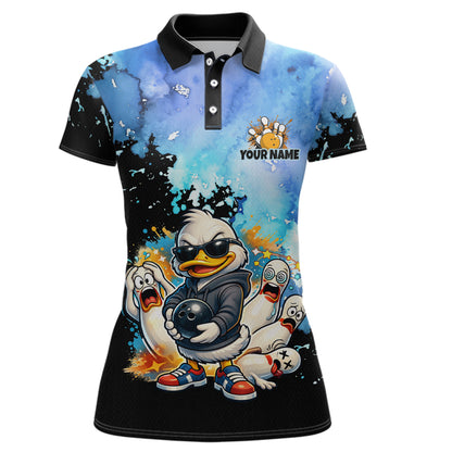 Colorful polo shirt with cartoon duck design on a white background
