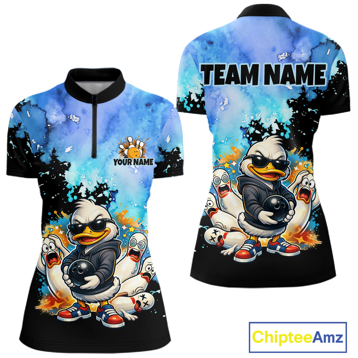 Colorful bowling-themed shirt with cartoon ducks and customizable text on a white background