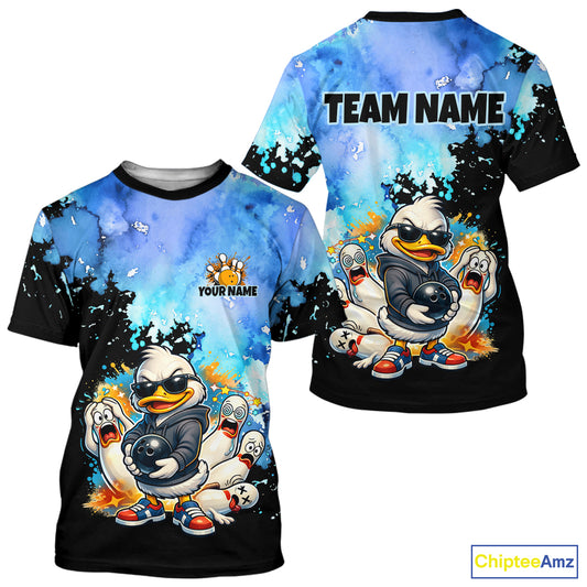 Two view of t-shirts with cartoon duck design and customizable text on a white background