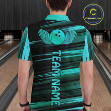 Load image into Gallery viewer, Male model wearing a custom black turquoise bowling polo shirt back view displaying the personalized team name below a turquoise bowling ball emblem at the bowling alley