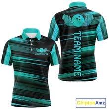 Load image into Gallery viewer, Front and back view custom black turquoise bowling polo shirt featuring a turquoise bowling ball emblem, dynamic turquoise brush stroke pattern and striped design, personalized with team name and player name