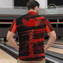 Load image into Gallery viewer, Male model wearing a custom black red bowling quarter-zip shirt back view displaying the personalized team name below a red bowling ball emblem at the bowling alley