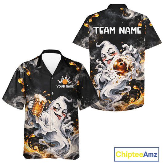 Funny Ghost & Beer Bowling Hawaiian Shirt Custom Black Yellow Bowling Team Button Up Shirt QZT1347