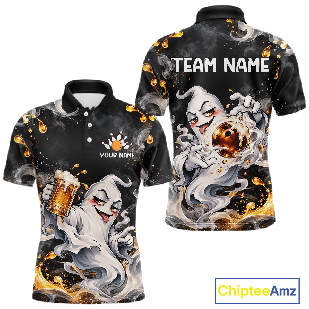 Custom Funny Ghost & Beer Bowling Shirt for Men Black Yellow Bowling Team Jersey Polo & 1/4-Zip QZT1347