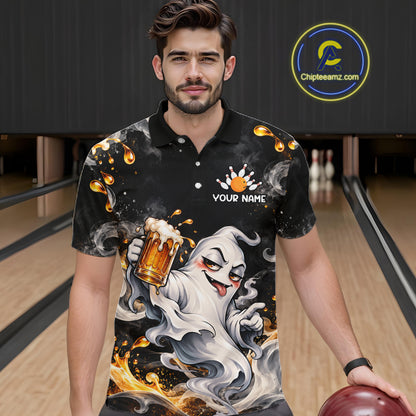 Custom Funny Ghost & Beer Bowling Shirt for Men Black Yellow Bowling Team Jersey Polo & 1/4-Zip QZT1347