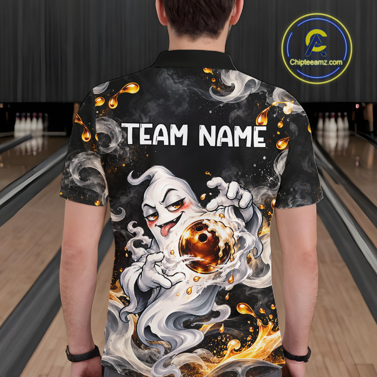 Custom Funny Ghost & Beer Bowling Shirt for Men Black Yellow Bowling Team Jersey Polo & 1/4-Zip QZT1347