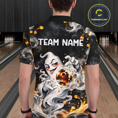 Custom Funny Ghost & Beer Bowling Shirt for Men Black Yellow Bowling Team Jersey Polo & 1/4-Zip QZT1347