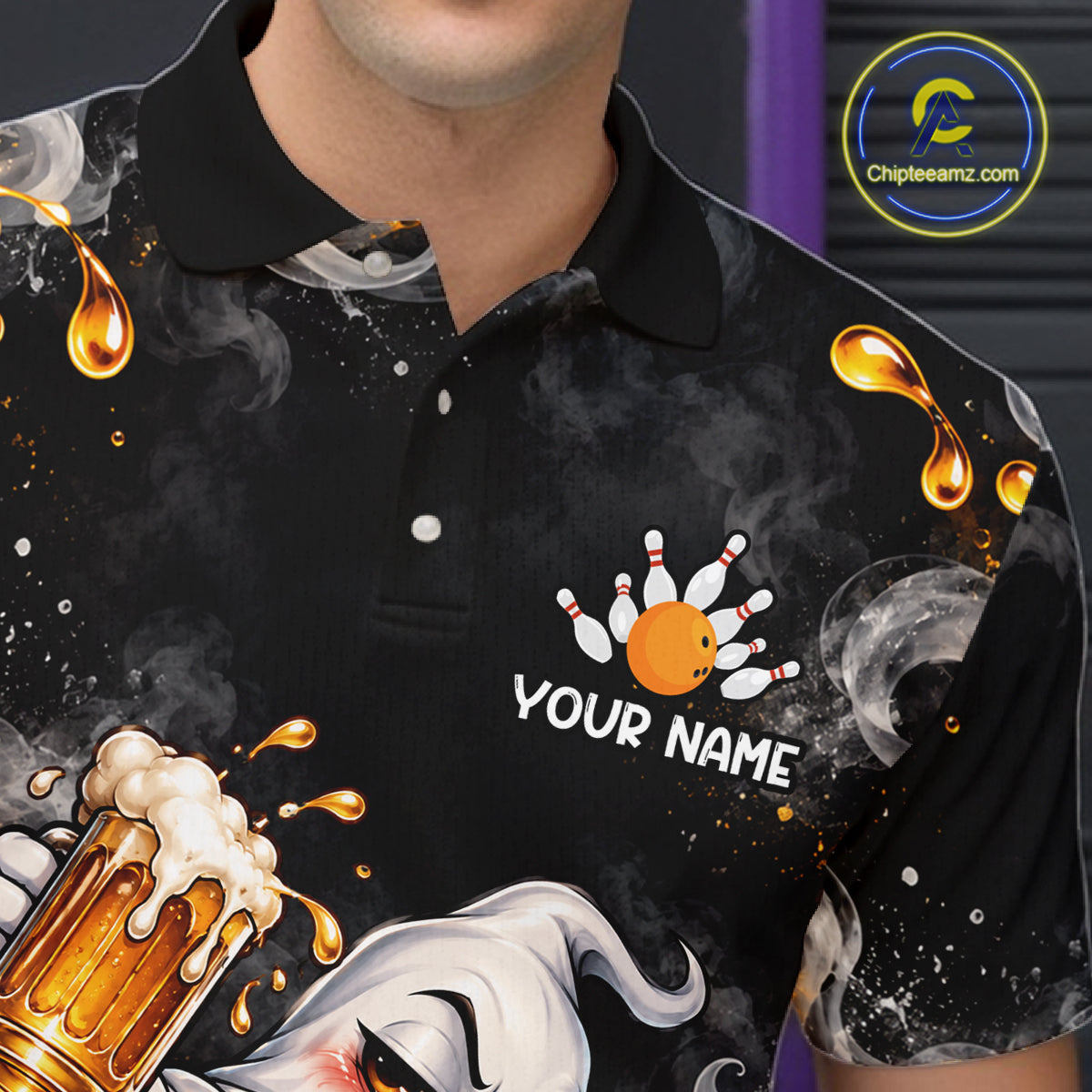 Custom Funny Ghost & Beer Bowling Shirt for Men Black Yellow Bowling Team Jersey Polo & 1/4-Zip QZT1347
