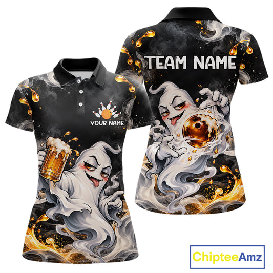 Custom Funny Ghost & Beer Bowling Shirt for Women Black Yellow Bowling Team Jersey Polo & 1/4-Zip QZT1347