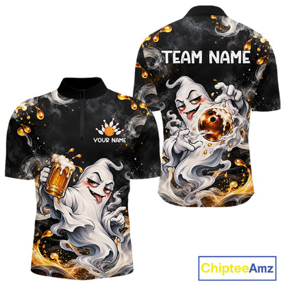Custom Funny Ghost & Beer Bowling Shirt for Men Black Yellow Bowling Team Jersey Polo & 1/4-Zip QZT1347