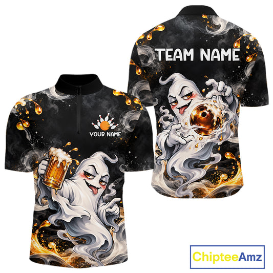 Custom Funny Ghost & Beer Bowling Shirt for Men Black Yellow Bowling Team Jersey Polo & 1/4-Zip QZT1347