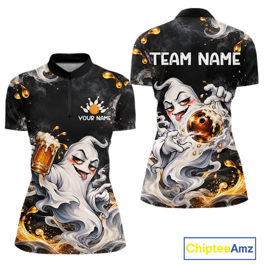 Custom Funny Ghost & Beer Bowling Shirt for Women Black Yellow Bowling Team Jersey Polo & 1/4-Zip QZT1347