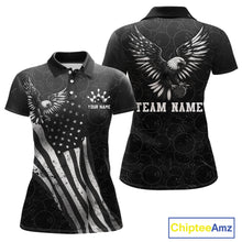 Load image into Gallery viewer, Front and back view custom black patriotic bowling polo shirt featuring a bald eagle with spread wings, American flag design and distressed grunge pattern, personalized with team name and player name