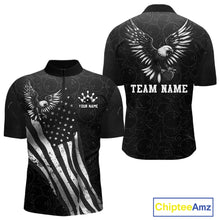 Load image into Gallery viewer, Front and back view custom black patriotic bowling quarter-zip shirt featuring a bald eagle with spread wings, American flag design and distressed grunge pattern, personalized with team name and player name