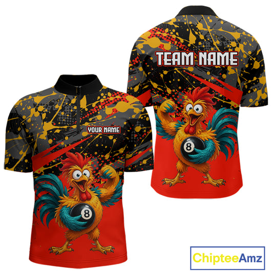 Custom Red Funny Chicken Billiard Shirt, 8 Ball Pool Team Jersey for Men, Polo & 1/4 Zip BHT106
