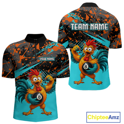 Custom Turquoise Funny Chicken Billiard Shirt, 8 Ball Pool Team Jersey for Men, Polo & 1/4 Zip BHT106