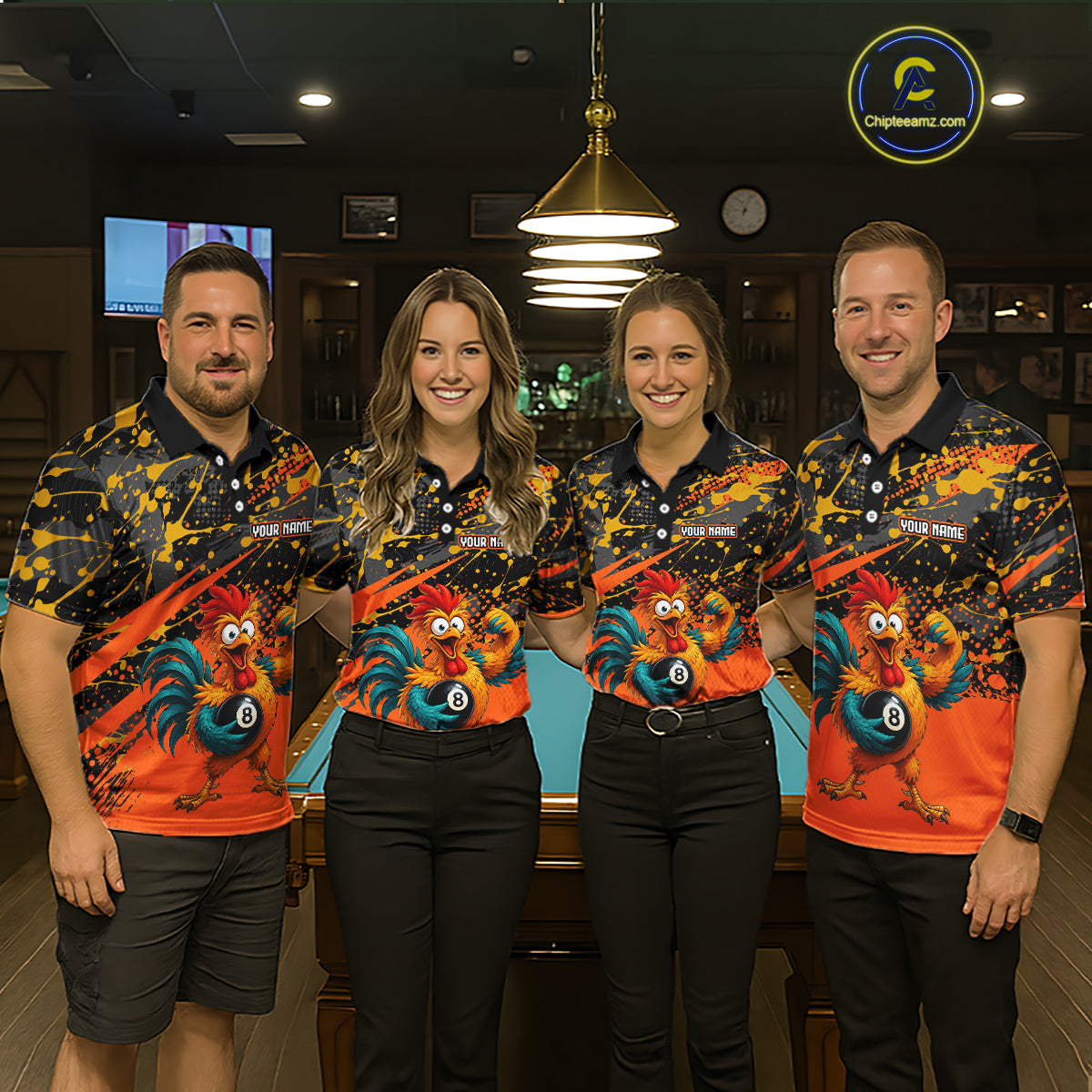 Custom Orange Funny Chicken Billiard Shirt, 8 Ball Pool Team Jersey for Women, Polo & 1/4 Zip BHT106