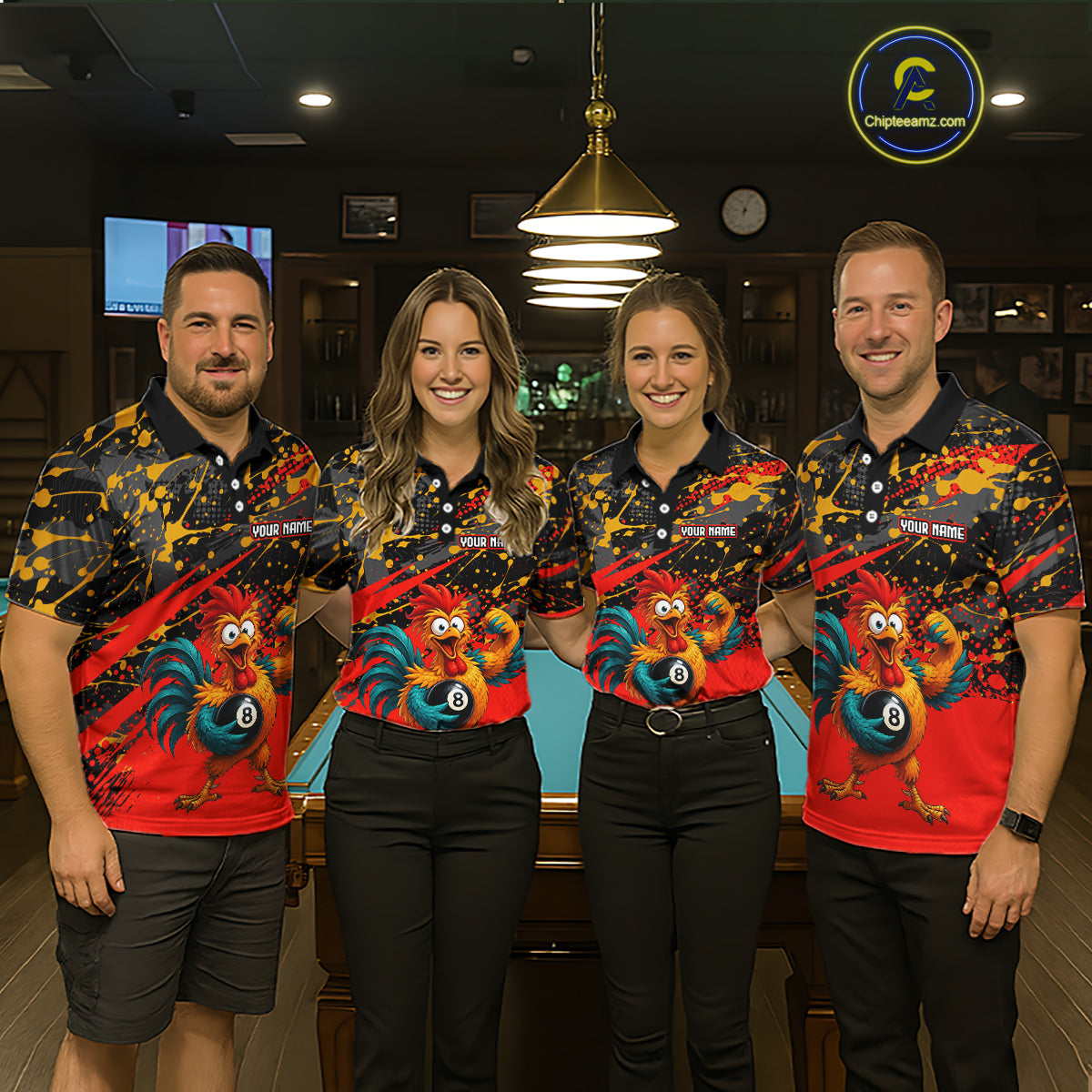 Custom Red Funny Chicken Billiard Shirt, 8 Ball Pool Team Jersey for Men, Polo & 1/4 Zip BHT106