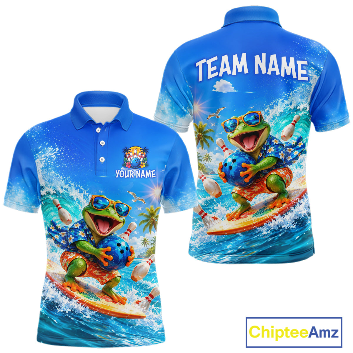 Custom Funny Tropical Frog Bowling Shirts Beach Bowling Jersey for Men QZT1283