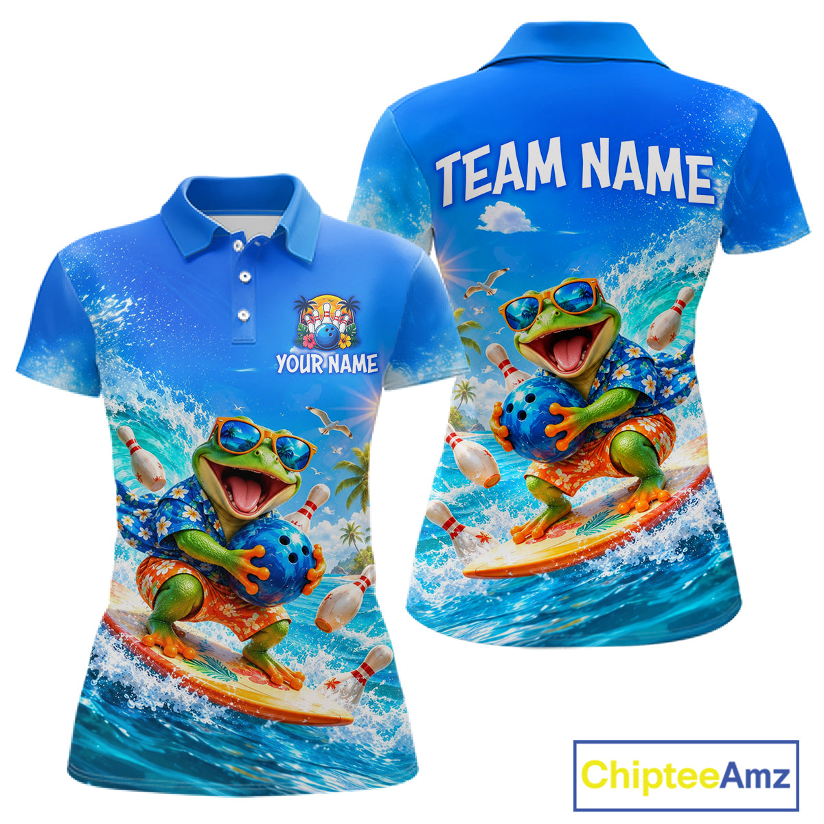 Custom Funny Tropical Frog Bowling Shirts Beach Bowling Jersey for Women QZT1283
