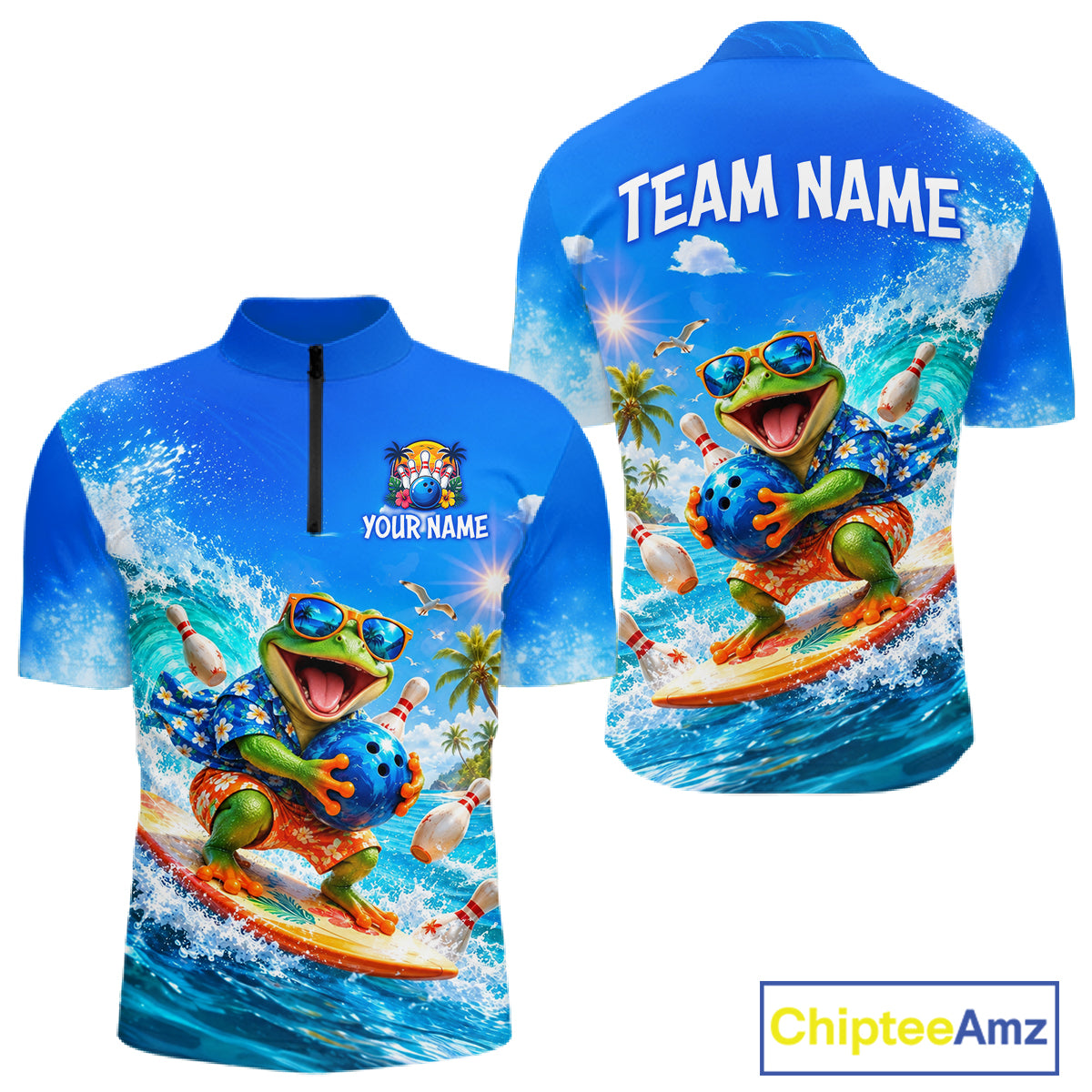 Custom Funny Tropical Frog Bowling Shirts Beach Bowling Jersey for Men QZT1283