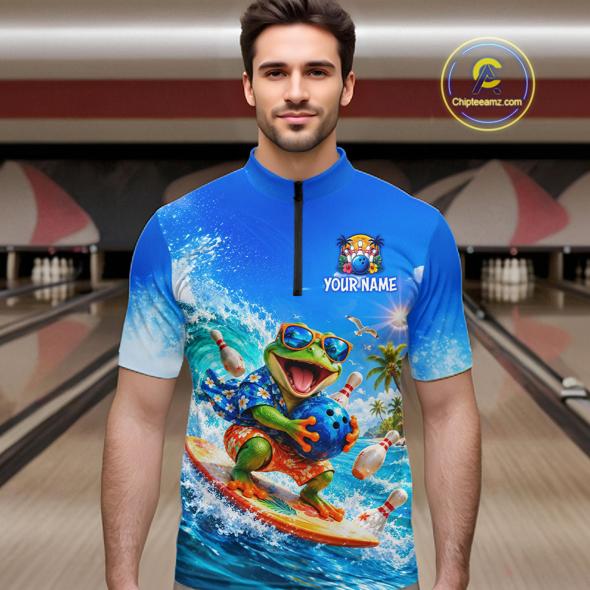 Custom Funny Tropical Frog Bowling Shirts Beach Bowling Jersey for Men QZT1283