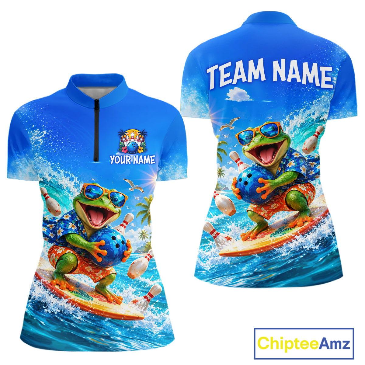 Custom Funny Tropical Frog Bowling Shirts Beach Bowling Jersey for Women QZT1283