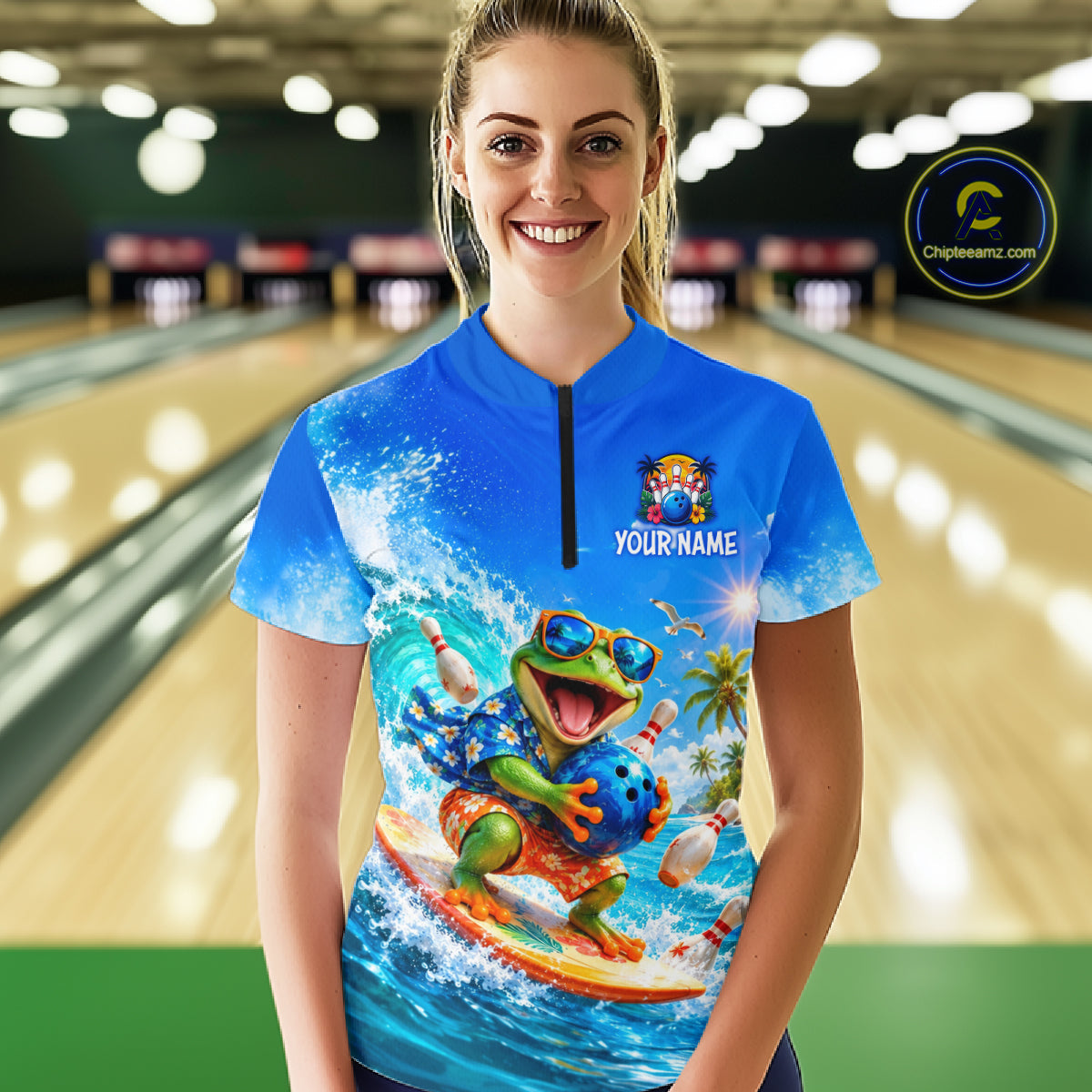 Custom Funny Tropical Frog Bowling Shirts Beach Bowling Jersey for Women QZT1283