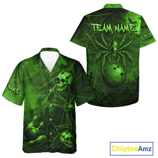 Custom Spider Skull Bowling Hawaiian Shirt Green Skull Bowling Jerseys Halloween QZT1349