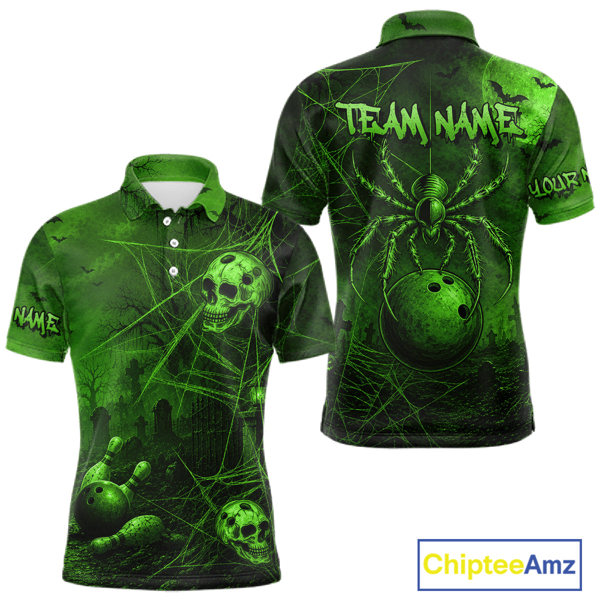 Custom Spider Skull Bowling Team Shirt for Men Green Skull Bowling Jerseys Polo & 1/4-Zip QZT1349