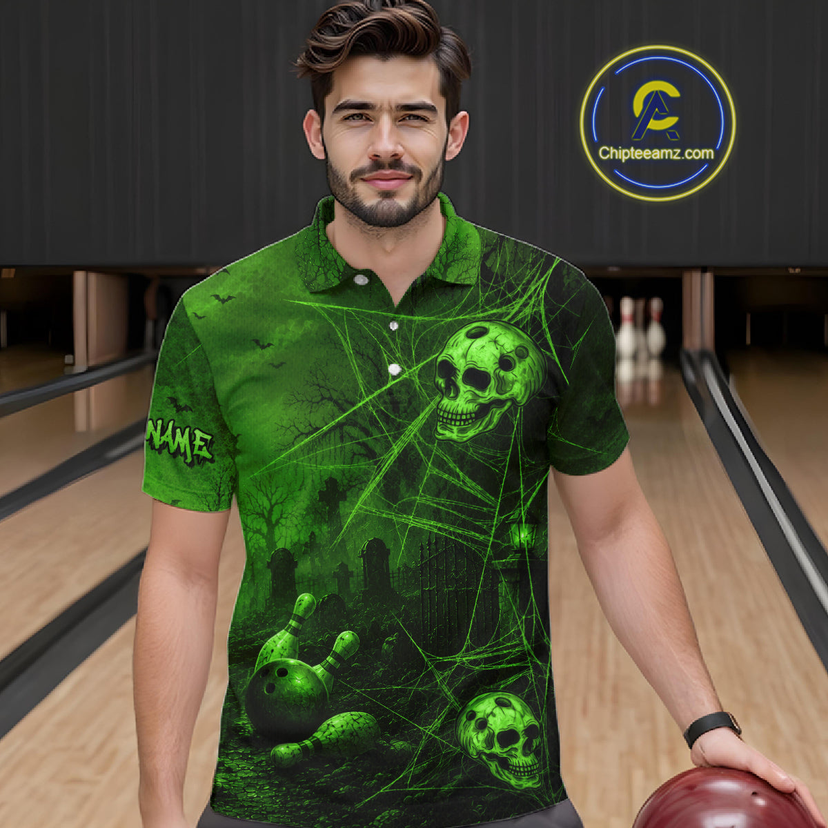 Custom Spider Skull Bowling Team Shirt for Men Green Skull Bowling Jerseys Polo & 1/4-Zip QZT1349