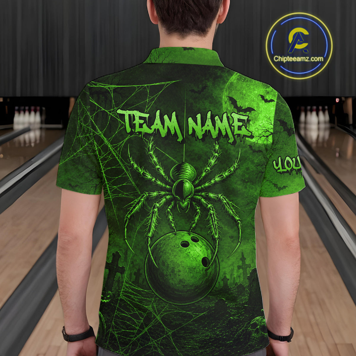Custom Spider Skull Bowling Team Shirt for Men Green Skull Bowling Jerseys Polo & 1/4-Zip QZT1349