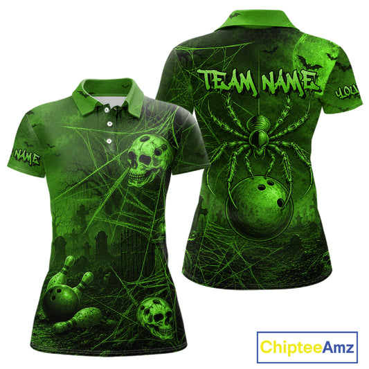 Custom Spider Skull Bowling Team Shirt for Women Green Skull Bowling Jerseys Polo & 1/4-Zip QZT1349