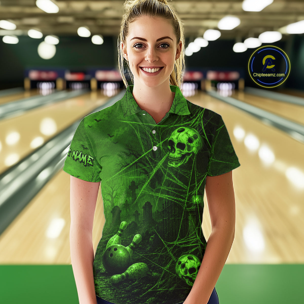 Custom Spider Skull Bowling Team Shirt for Women Green Skull Bowling Jerseys Polo & 1/4-Zip QZT1349