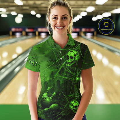 Custom Spider Skull Bowling Team Shirt for Women Green Skull Bowling Jerseys Polo & 1/4-Zip QZT1349