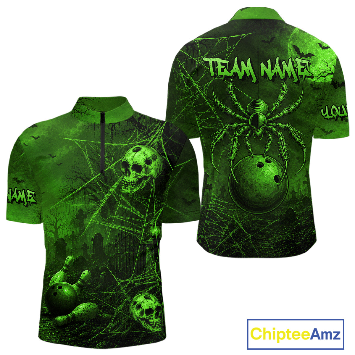 Custom Spider Skull Bowling Team Shirt for Men Green Skull Bowling Jerseys Polo & 1/4-Zip QZT1349