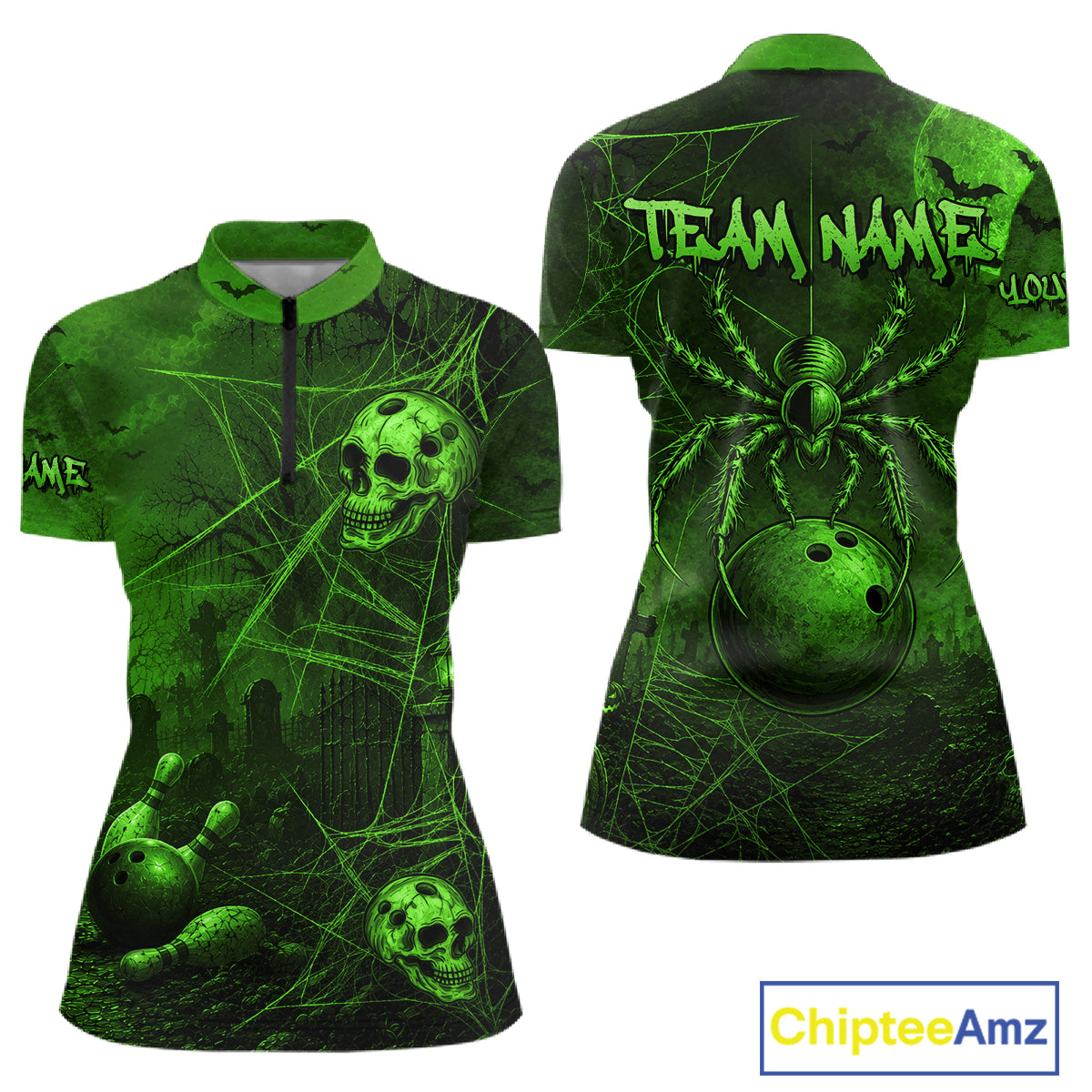 Custom Spider Skull Bowling Team Shirt for Women Green Skull Bowling Jerseys Polo & 1/4-Zip QZT1349