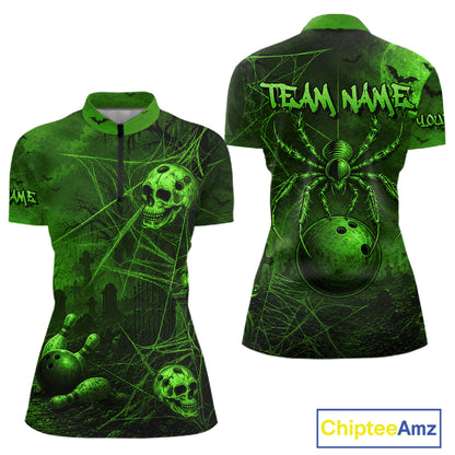 Custom Spider Skull Bowling Team Shirt for Women Green Skull Bowling Jerseys Polo & 1/4-Zip QZT1349