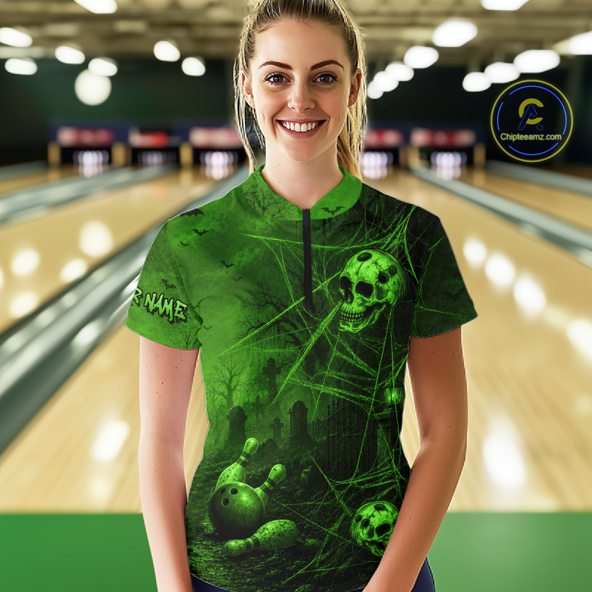 Custom Spider Skull Bowling Team Shirt for Women Green Skull Bowling Jerseys Polo & 1/4-Zip QZT1349