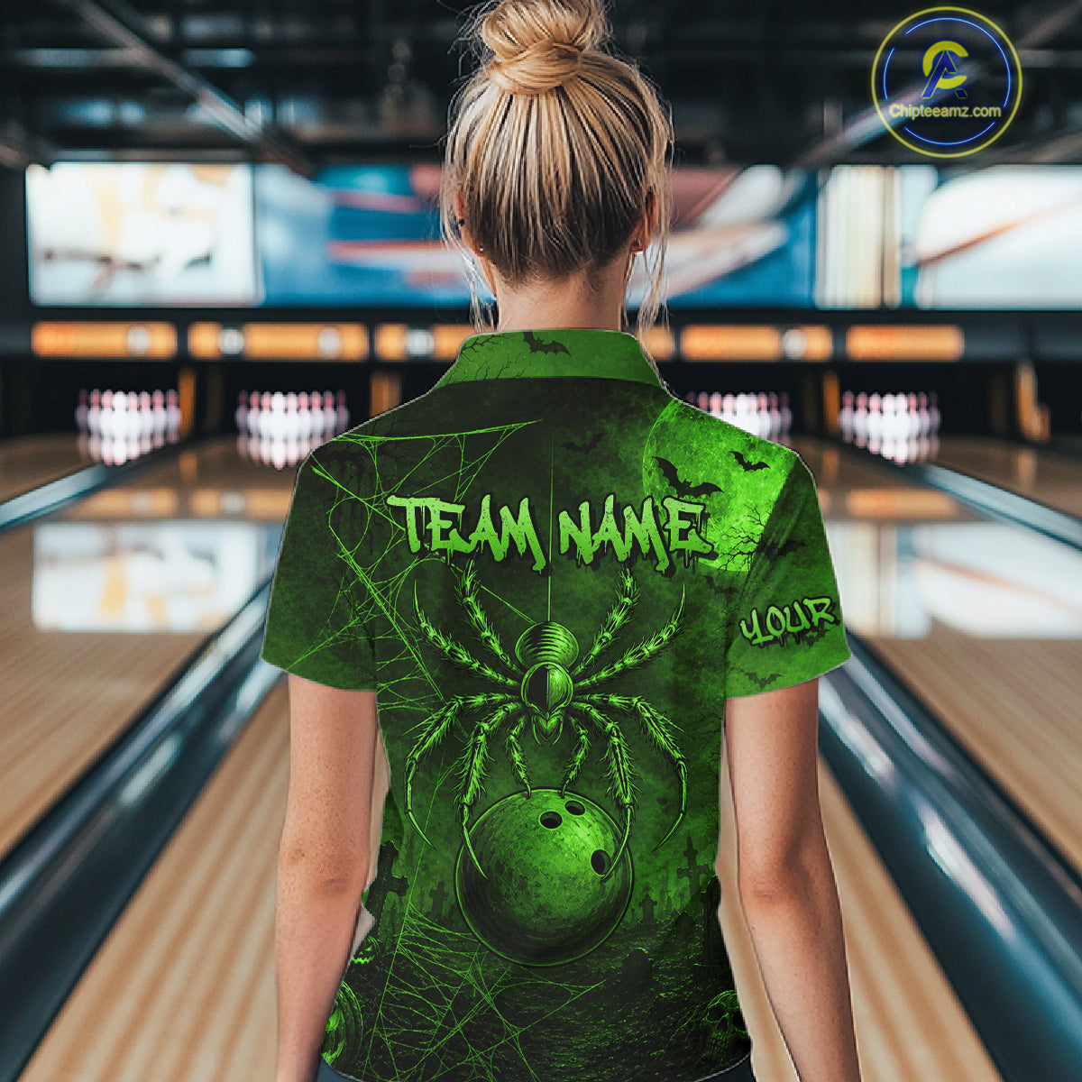 Custom Spider Skull Bowling Team Shirt for Women Green Skull Bowling Jerseys Polo & 1/4-Zip QZT1349