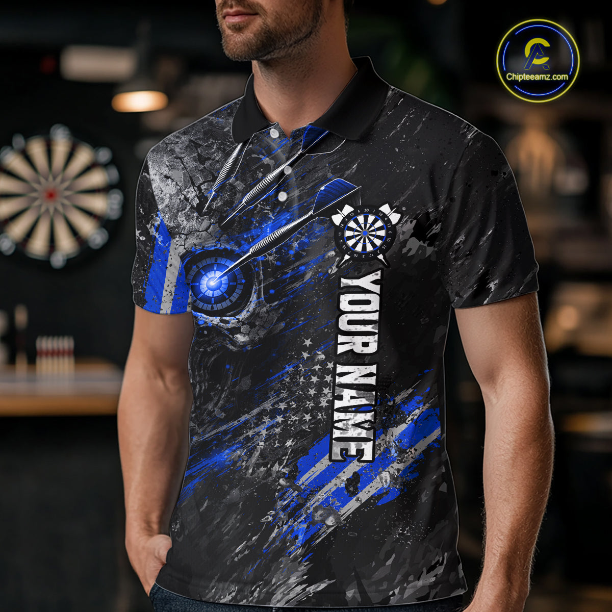 Custom Skull Darts Shirt for Men Blue Dart Team Jersey Dartboard Shirt DHT86