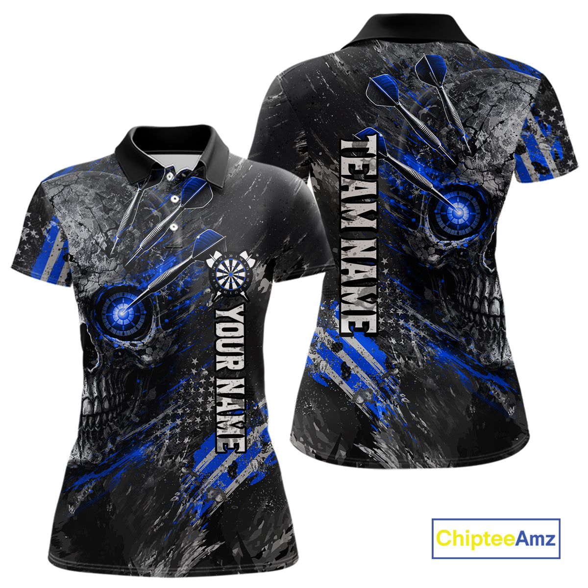 Custom Skull Darts Shirt for Women Blue Dart Team Jersey Dartboard Shirt DHT86