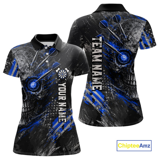 Custom Skull Darts Shirt for Women Blue Dart Team Jersey Dartboard Shirt DHT86