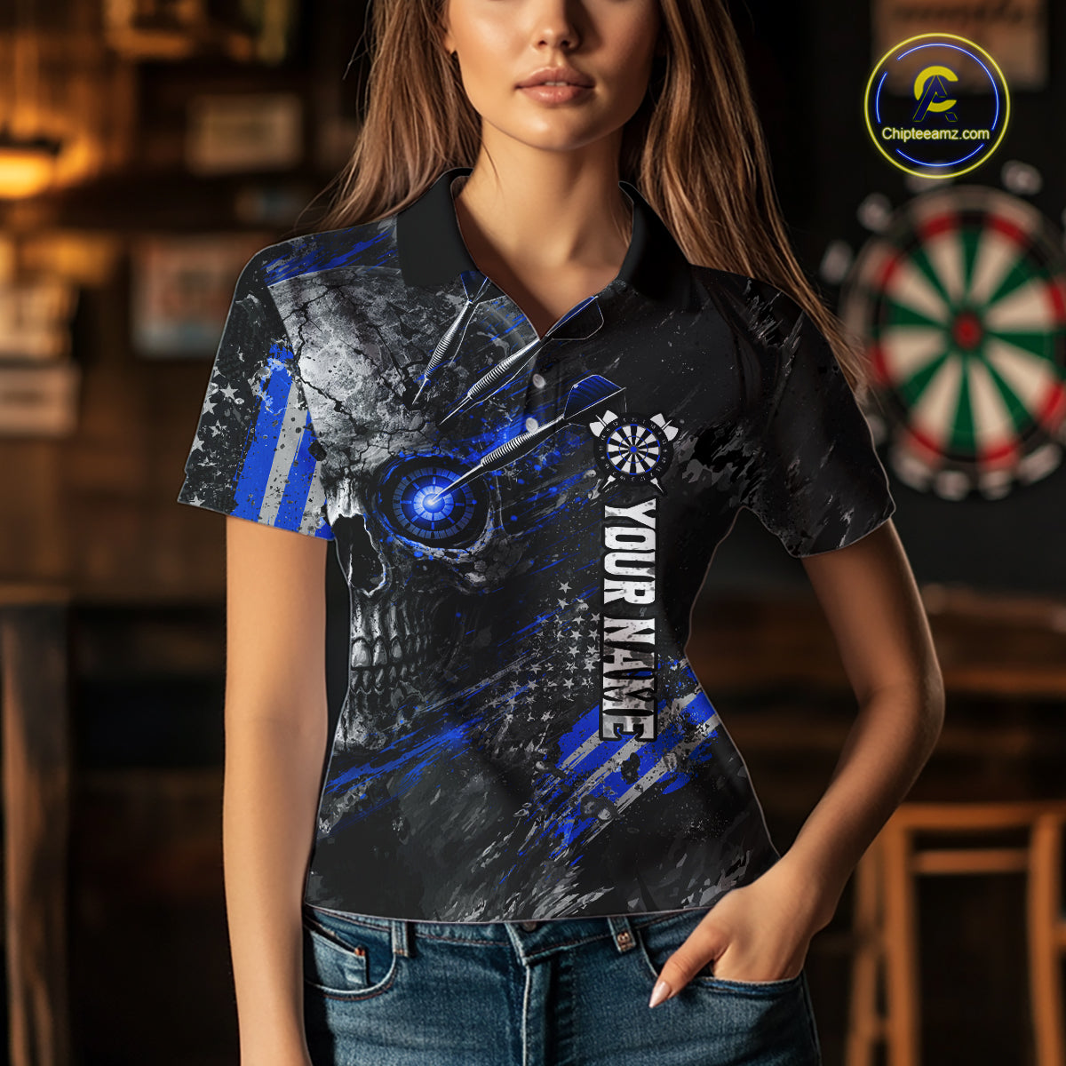 Custom Skull Darts Shirt for Women Blue Dart Team Jersey Dartboard Shirt DHT86