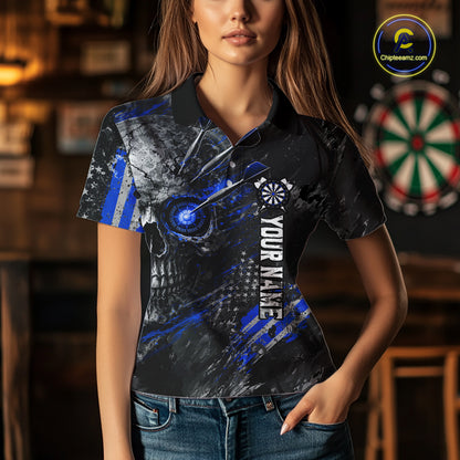Custom Skull Darts Shirt for Women Blue Dart Team Jersey Dartboard Shirt DHT86
