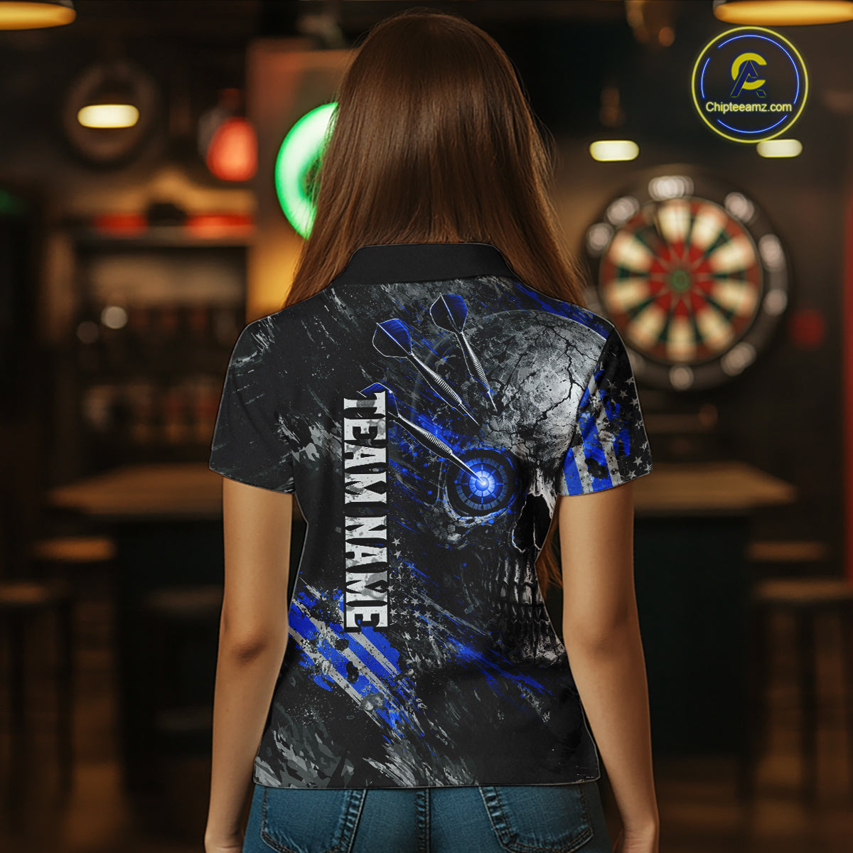 Custom Skull Darts Shirt for Women Blue Dart Team Jersey Dartboard Shirt DHT86
