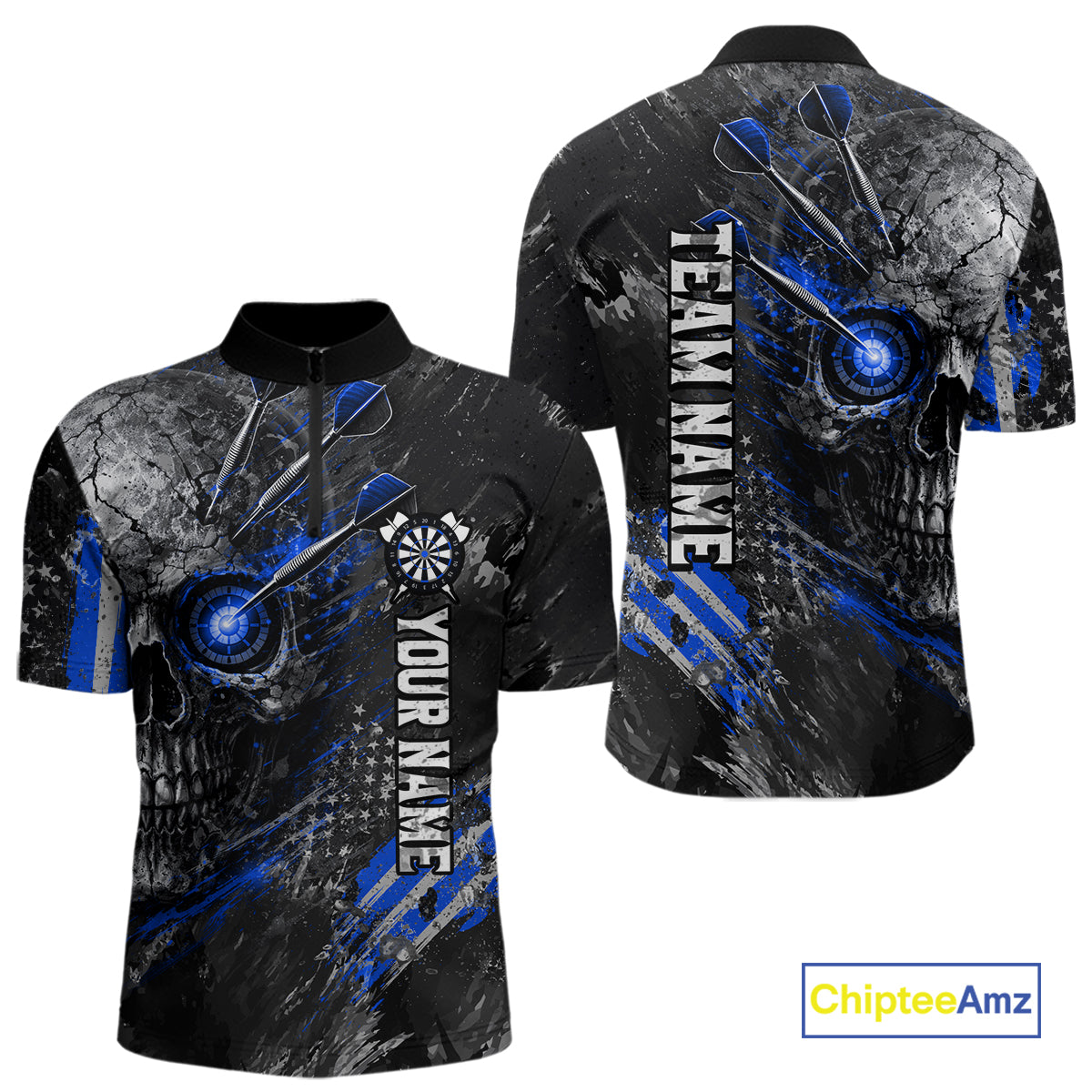 Custom Skull Darts Shirt for Men Blue Dart Team Jersey Dartboard Shirt DHT86