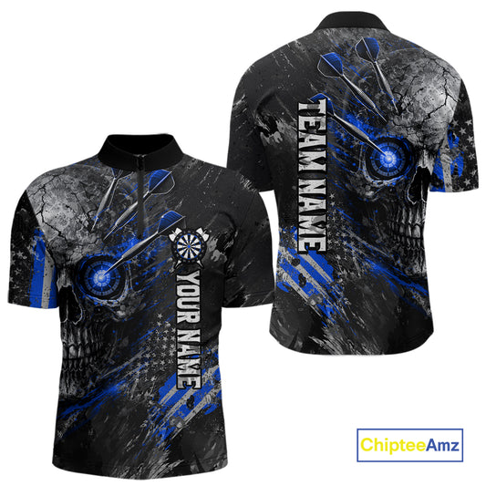 Custom Skull Darts Shirt for Men Blue Dart Team Jersey Dartboard Shirt DHT86