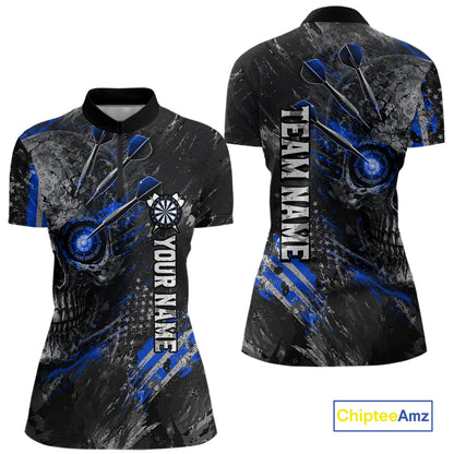 Custom Skull Darts Shirt for Women Blue Dart Team Jersey Dartboard Shirt DHT86